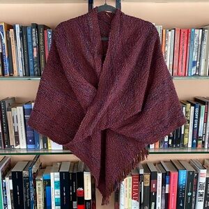 Burgundy Knit Shawl with Fringe - Artist made